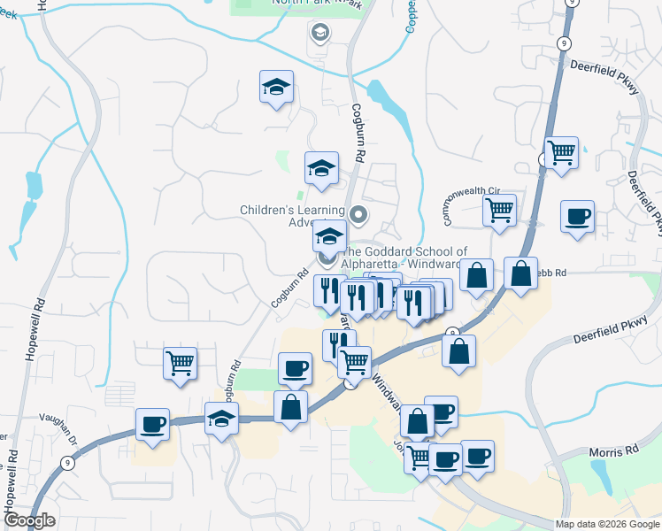 map of restaurants, bars, coffee shops, grocery stores, and more near 4875 Windward Parkway in Alpharetta