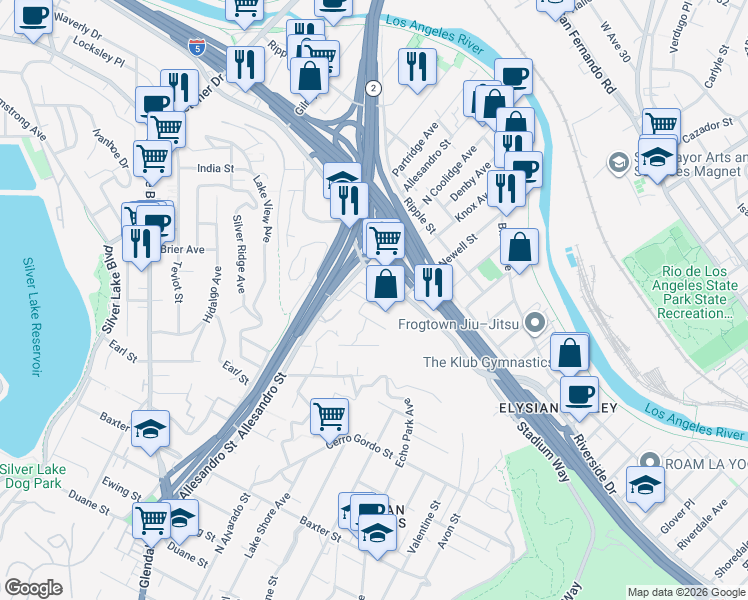 map of restaurants, bars, coffee shops, grocery stores, and more near 1939 Rosebud Avenue in Los Angeles