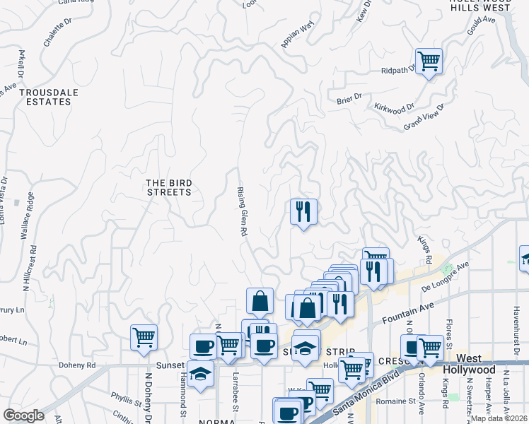 map of restaurants, bars, coffee shops, grocery stores, and more near 1501 Viewsite Terrace in Los Angeles