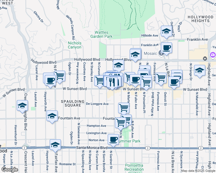 map of restaurants, bars, coffee shops, grocery stores, and more near 7533 West Sunset Boulevard in Los Angeles
