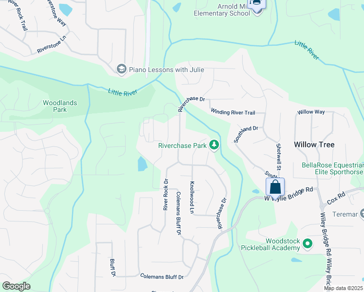 map of restaurants, bars, coffee shops, grocery stores, and more near 162 Riverchase Drive in Woodstock