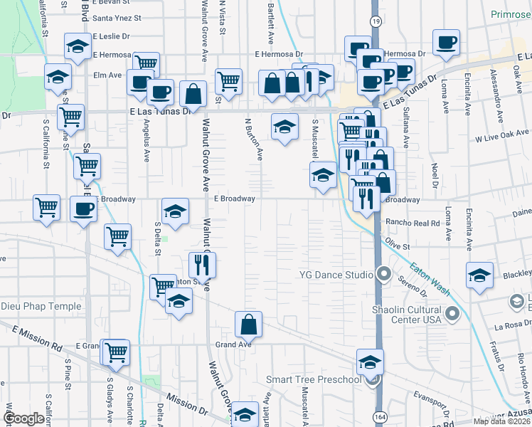 map of restaurants, bars, coffee shops, grocery stores, and more near 5419 Bartlett Avenue in San Gabriel
