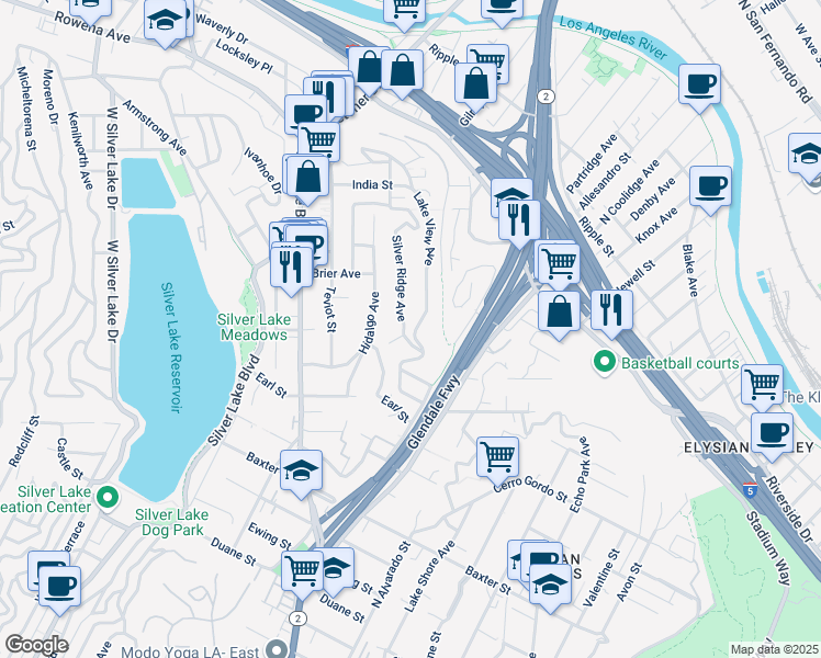 map of restaurants, bars, coffee shops, grocery stores, and more near 2314 Silver Ridge Way in Los Angeles