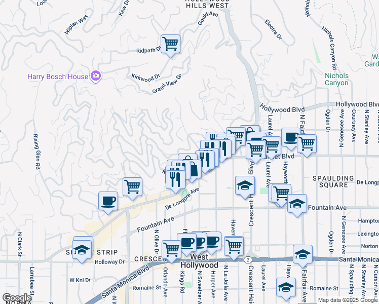 map of restaurants, bars, coffee shops, grocery stores, and more near 8368 Hollywood Boulevard in Los Angeles