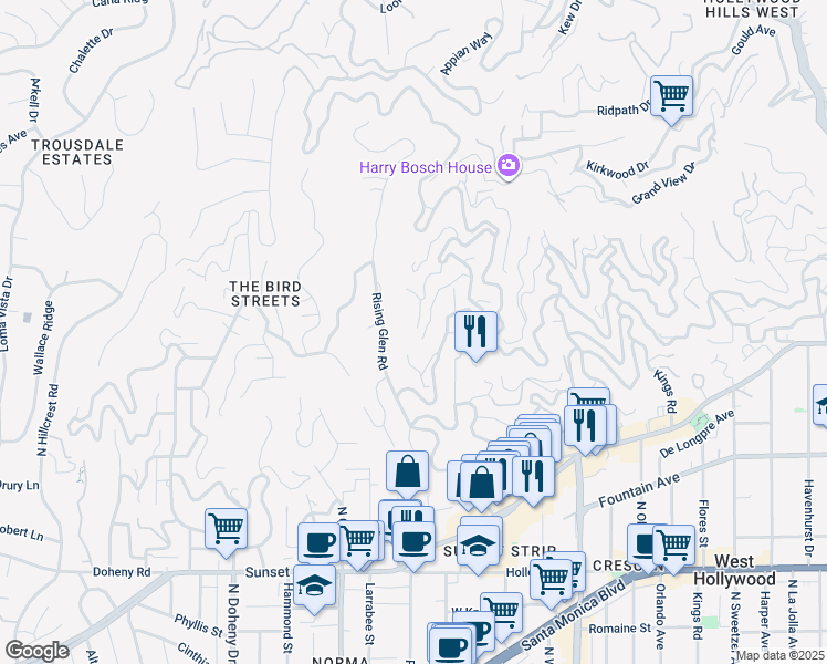 map of restaurants, bars, coffee shops, grocery stores, and more near 1501 Viewsite Terrace in Los Angeles