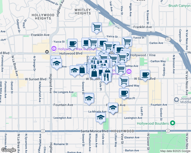 map of restaurants, bars, coffee shops, grocery stores, and more near 1509 Wilcox Avenue in Los Angeles