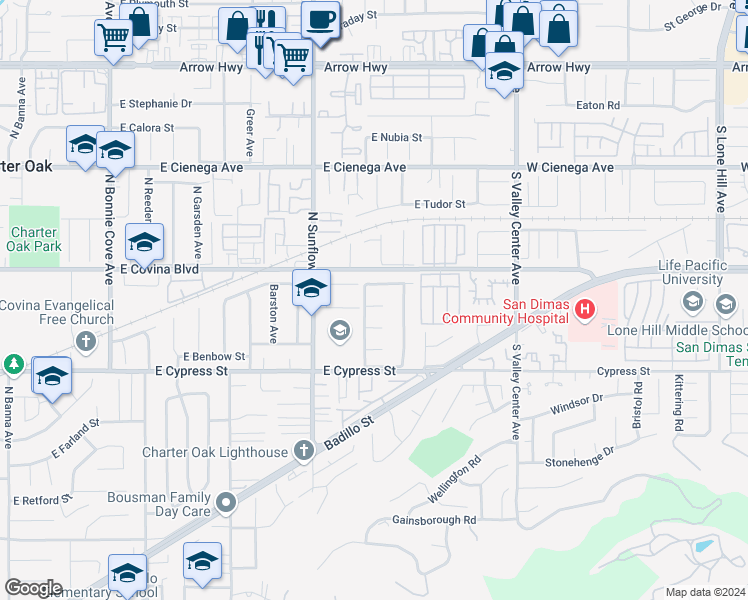 map of restaurants, bars, coffee shops, grocery stores, and more near 21109 East Bellbrook Street in Covina