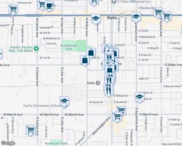 map of restaurants, bars, coffee shops, grocery stores, and more near 275 West Rialto Avenue in Rialto