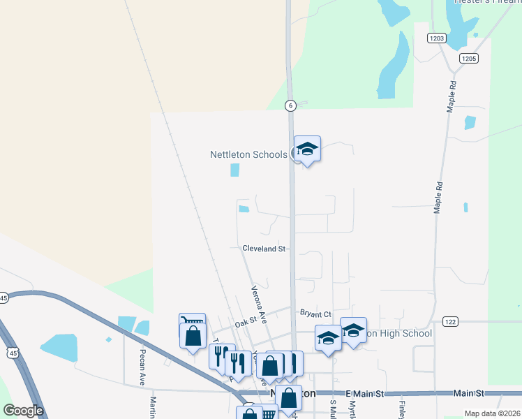 map of restaurants, bars, coffee shops, grocery stores, and more near 123 Leeper Drive in Nettleton