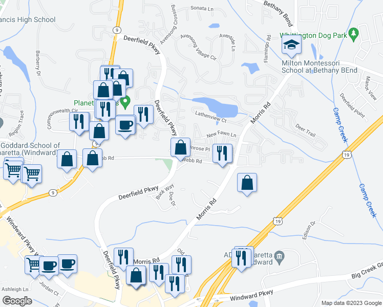map of restaurants, bars, coffee shops, grocery stores, and more near 519 Twinrose Way in Alpharetta