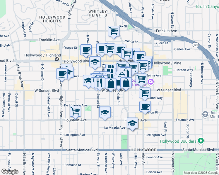 map of restaurants, bars, coffee shops, grocery stores, and more near in Los Angeles