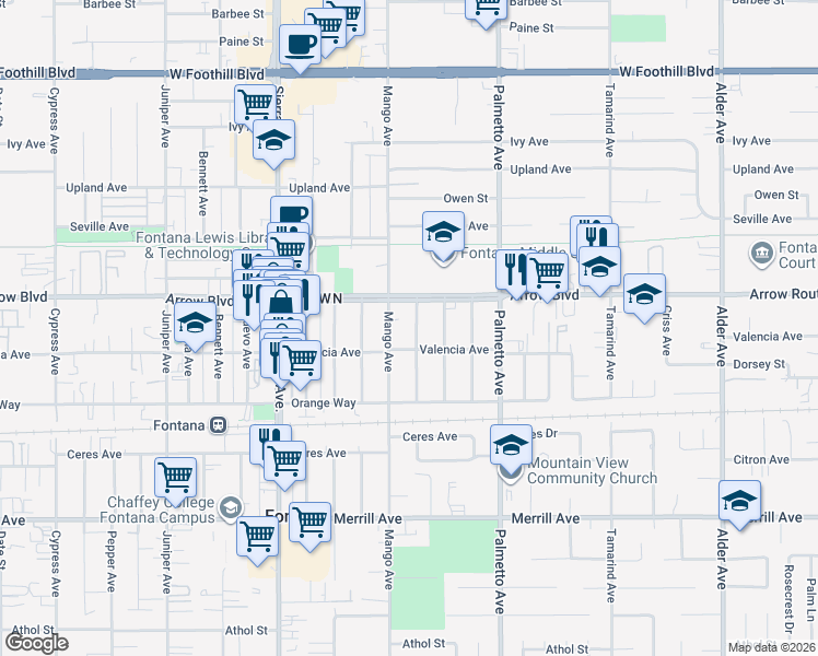 map of restaurants, bars, coffee shops, grocery stores, and more near 8548 Kempster Avenue in Fontana