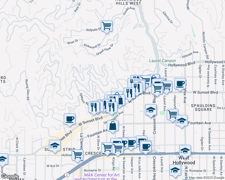 map of restaurants, bars, coffee shops, grocery stores, and more near 8380 Hollywood Boulevard in Los Angeles