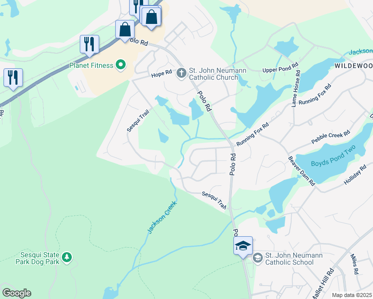 map of restaurants, bars, coffee shops, grocery stores, and more near 447 Running Fox Road West in Columbia