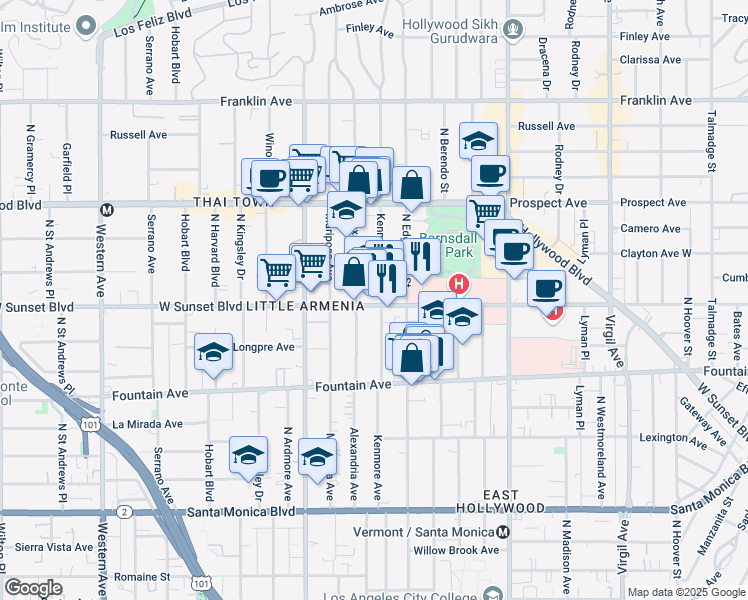 map of restaurants, bars, coffee shops, grocery stores, and more near 4950 Sunset Boulevard in Los Angeles