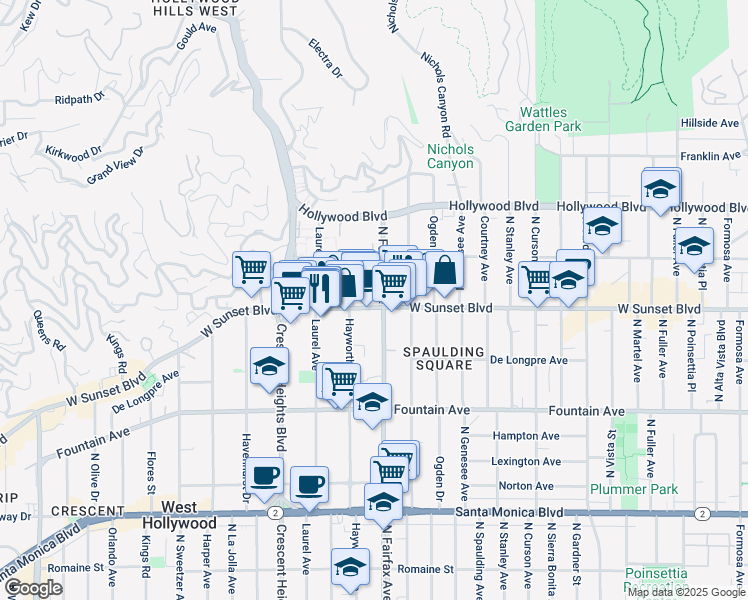 map of restaurants, bars, coffee shops, grocery stores, and more near in Los Angeles