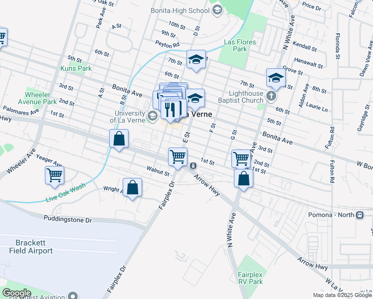 map of restaurants, bars, coffee shops, grocery stores, and more near 2239 1st Street in La Verne