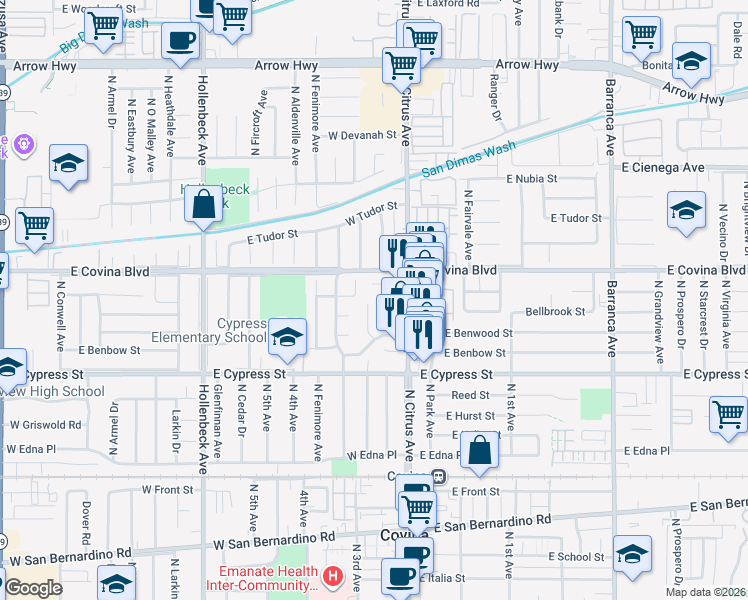 map of restaurants, bars, coffee shops, grocery stores, and more near 4692 North Edenfield Avenue in Covina