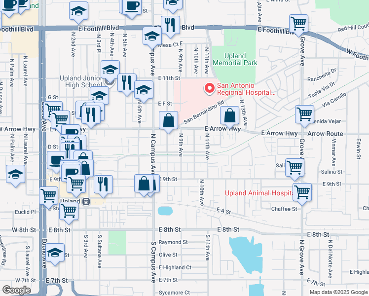 map of restaurants, bars, coffee shops, grocery stores, and more near 396 North 9th Avenue in Upland