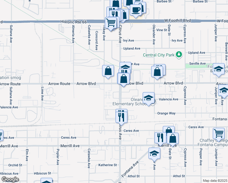 map of restaurants, bars, coffee shops, grocery stores, and more near 8550 Citrus Avenue in Fontana