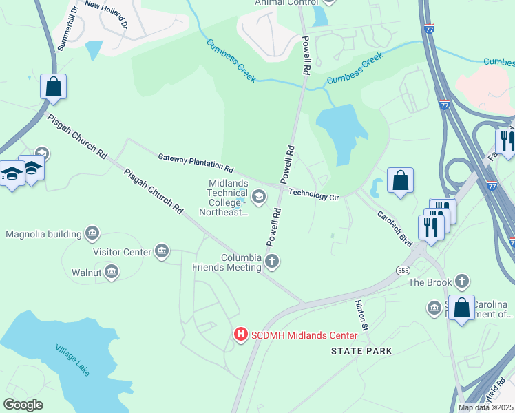 map of restaurants, bars, coffee shops, grocery stores, and more near 151 Powell Road in Columbia