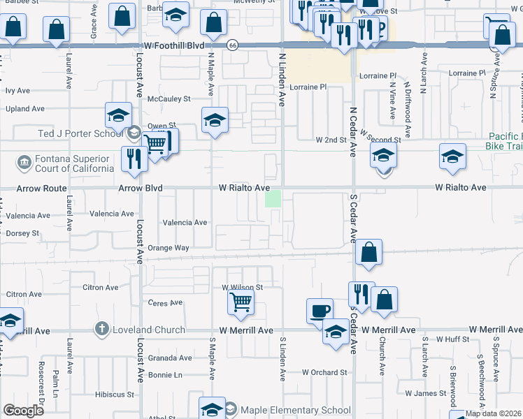 map of restaurants, bars, coffee shops, grocery stores, and more near 1531 West Rialto Avenue in Fontana