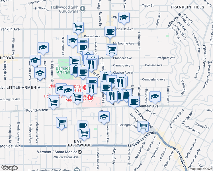 map of restaurants, bars, coffee shops, grocery stores, and more near 4546 Sunset Boulevard in Los Angeles