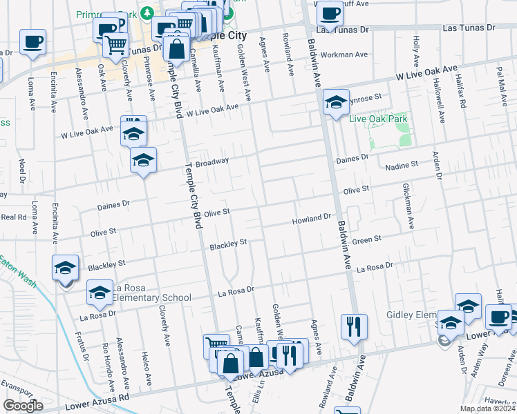 map of restaurants, bars, coffee shops, grocery stores, and more near Olive Street in Temple City