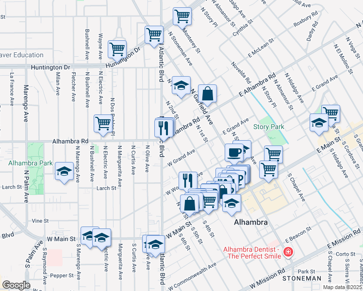 map of restaurants, bars, coffee shops, grocery stores, and more near 420 North 3rd Street in Alhambra