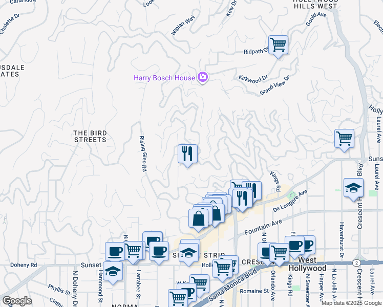 map of restaurants, bars, coffee shops, grocery stores, and more near 1516 Forest Knoll Drive in Los Angeles