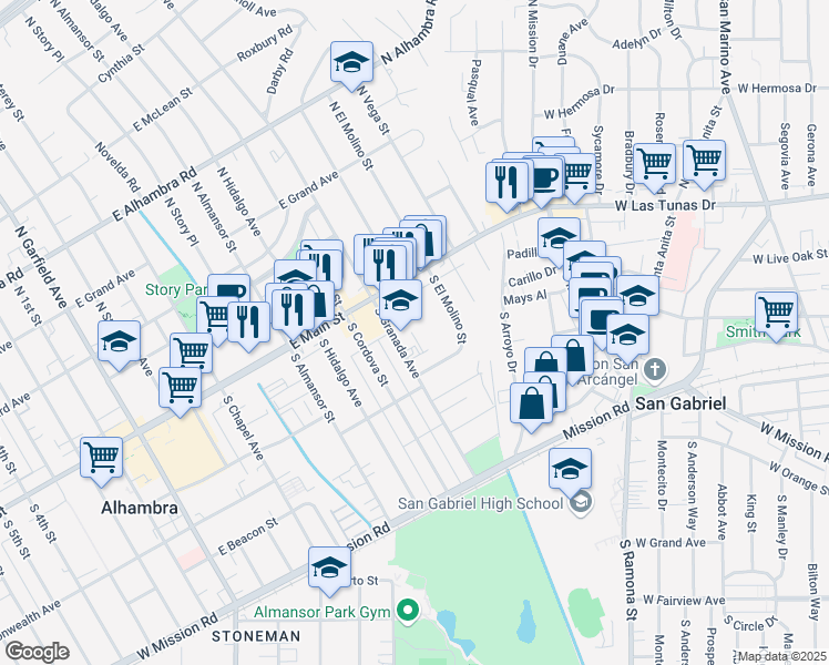 map of restaurants, bars, coffee shops, grocery stores, and more near 100 South Granada Avenue in Alhambra