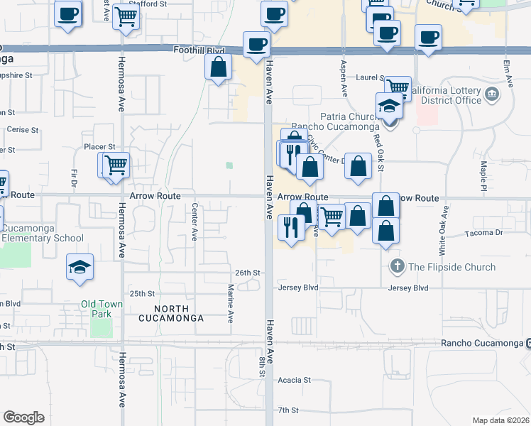 map of restaurants, bars, coffee shops, grocery stores, and more near 8500 Haven Avenue in Rancho Cucamonga