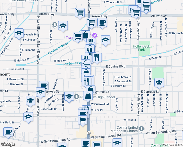 map of restaurants, bars, coffee shops, grocery stores, and more near 1040 State Route 39 in Covina