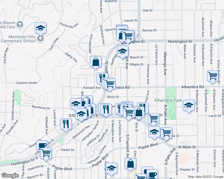 map of restaurants, bars, coffee shops, grocery stores, and more near 2800 Alhambra Road in Alhambra