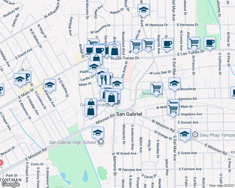 map of restaurants, bars, coffee shops, grocery stores, and more near 254 South Santa Anita Street in San Gabriel