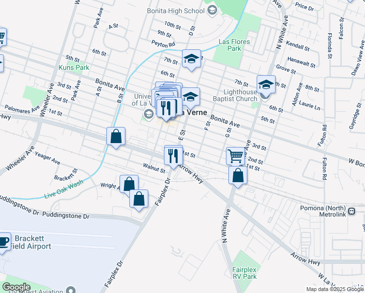 map of restaurants, bars, coffee shops, grocery stores, and more near 2239 1st Street in La Verne