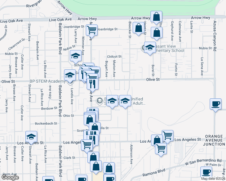 map of restaurants, bars, coffee shops, grocery stores, and more near 14636 Vía El Camino in Baldwin Park