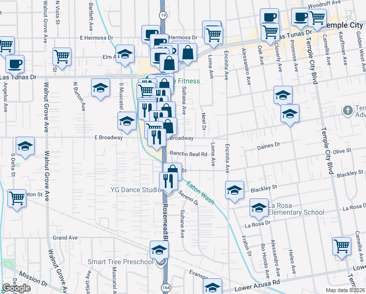 map of restaurants, bars, coffee shops, grocery stores, and more near 5463 Sultana Avenue in Temple City