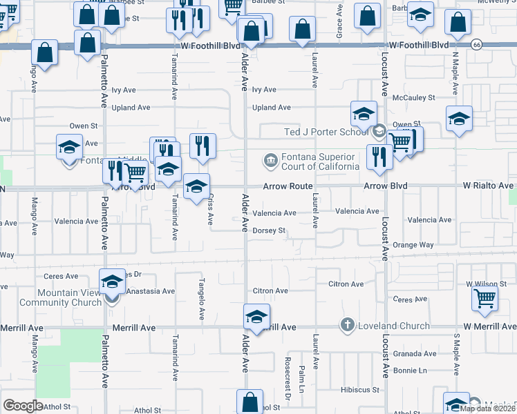 map of restaurants, bars, coffee shops, grocery stores, and more near 8558 Evergreen Lane in Fontana