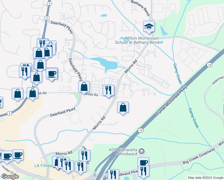 map of restaurants, bars, coffee shops, grocery stores, and more near 3396 Twinrose Place in Milton
