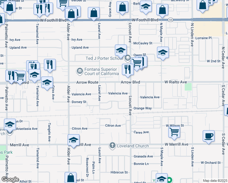 map of restaurants, bars, coffee shops, grocery stores, and more near 8560 Buckeye Drive in Fontana