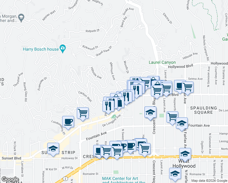 map of restaurants, bars, coffee shops, grocery stores, and more near 8376 Hollywood Boulevard in Los Angeles