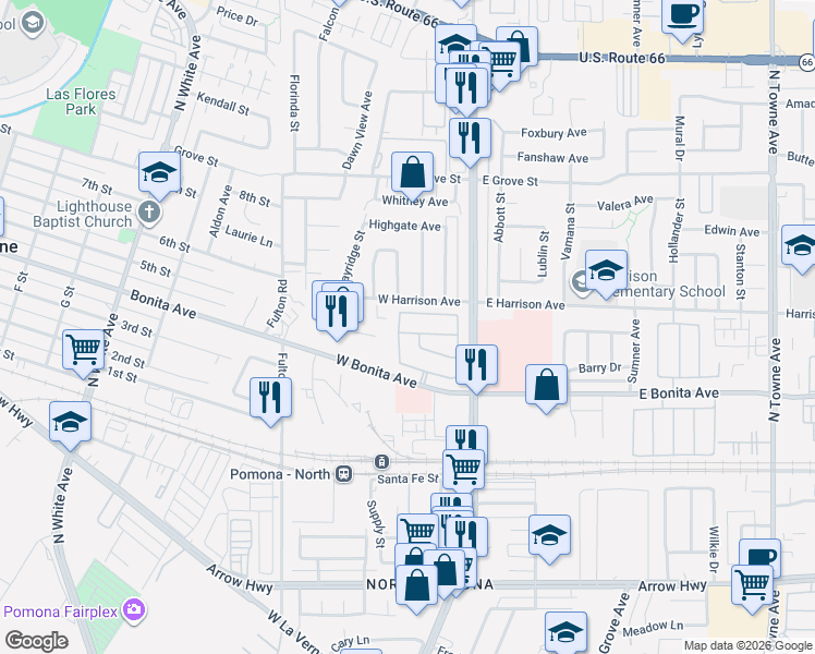 map of restaurants, bars, coffee shops, grocery stores, and more near 151 Carrotwood Lane in Pomona