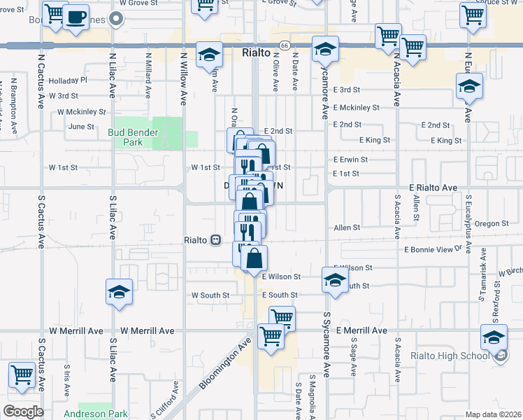 map of restaurants, bars, coffee shops, grocery stores, and more near 216 South Riverside Avenue in Rialto