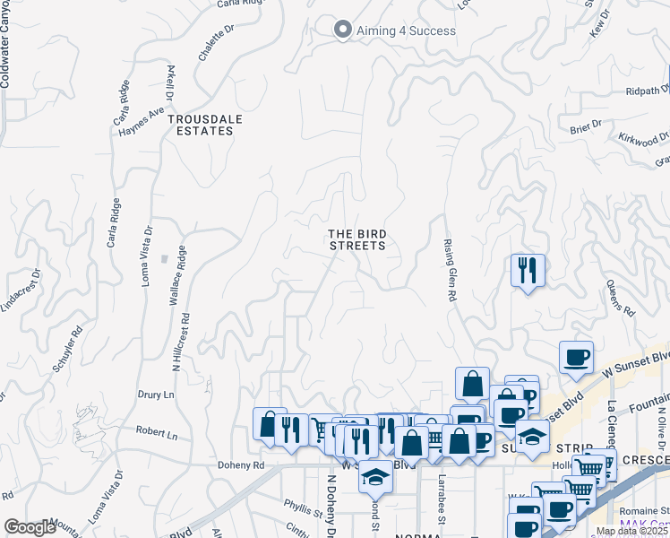 map of restaurants, bars, coffee shops, grocery stores, and more near 9155 Warbler Place in Los Angeles