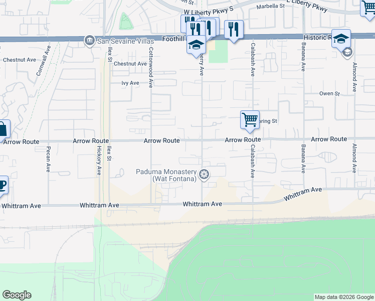 map of restaurants, bars, coffee shops, grocery stores, and more near 13635 Arrow Route in Fontana