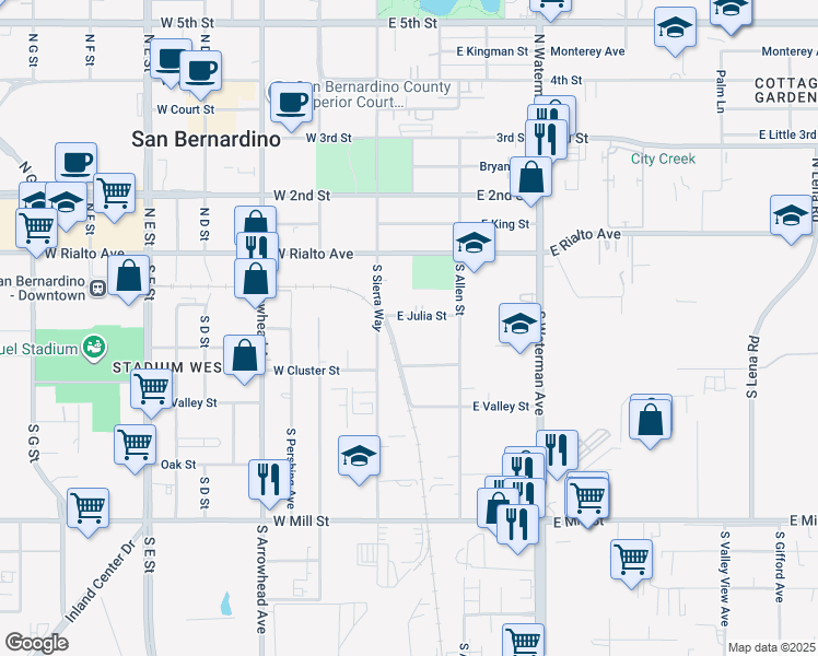 map of restaurants, bars, coffee shops, grocery stores, and more near 158 East Cluster Street in San Bernardino