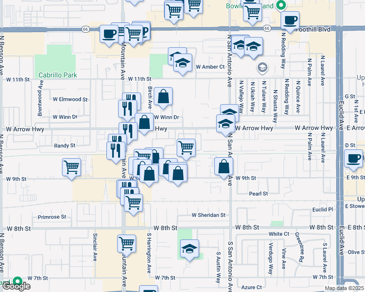 map of restaurants, bars, coffee shops, grocery stores, and more near 970 West Arrow Highway in Upland