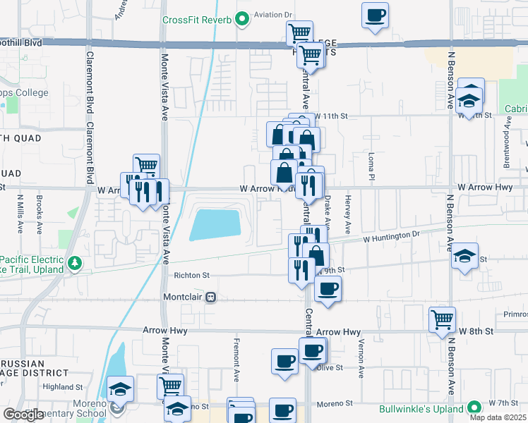 map of restaurants, bars, coffee shops, grocery stores, and more near 2118 West Arrow Route in Upland