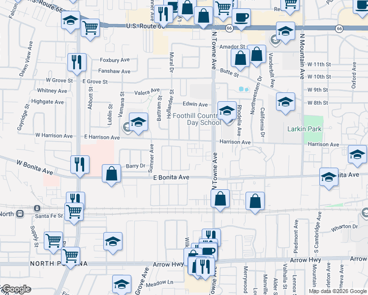 map of restaurants, bars, coffee shops, grocery stores, and more near 2874 Peppertree Way in Pomona